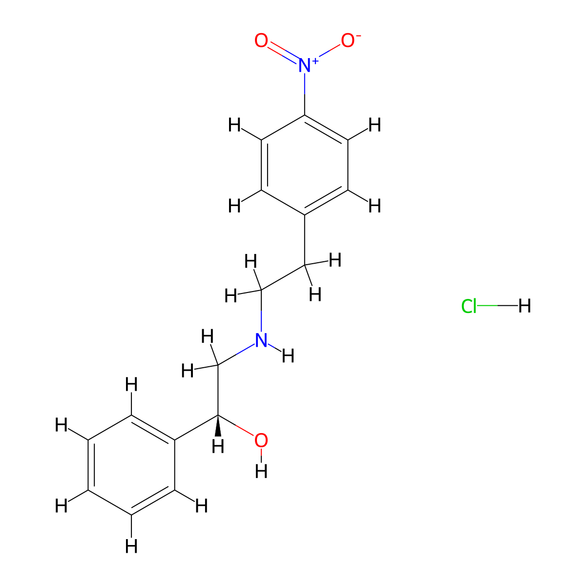 (1R)-2-((2-(4-Nitrophenyl)ethyl)amino)-1-phenylethan-1-ol--hydrogen chloride (1/1) molecular structure, CAS 521284-21-9