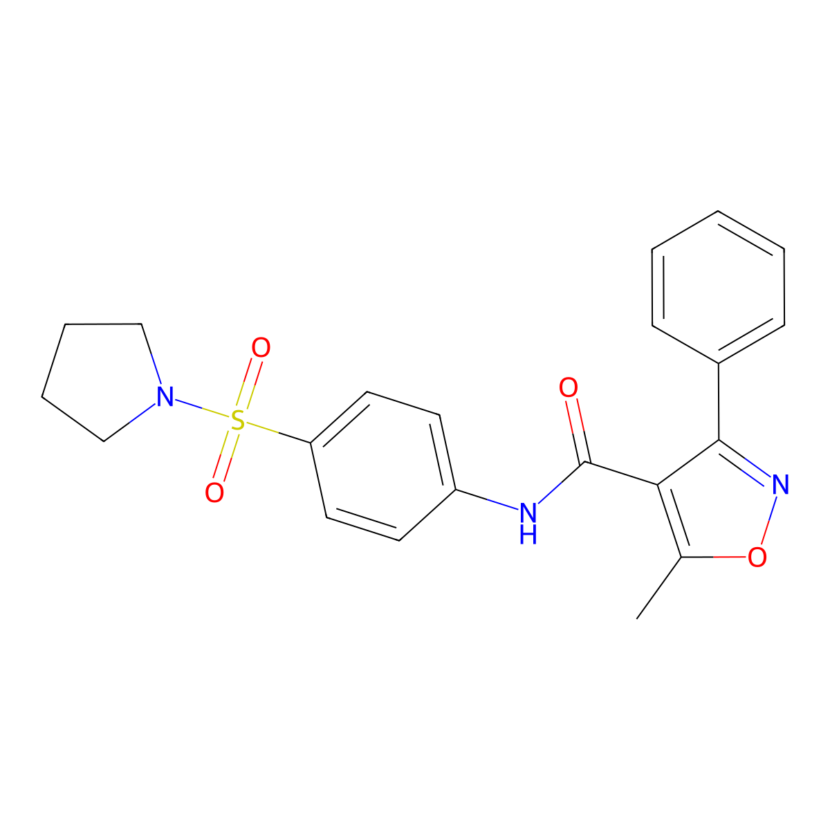 5-methyl-3-phenyl-N-(4-pyrrolidin-1-ylsulfonylphenyl)-1,2-oxazole-4-carboxamide molecular structure, CAS 521295-12-5