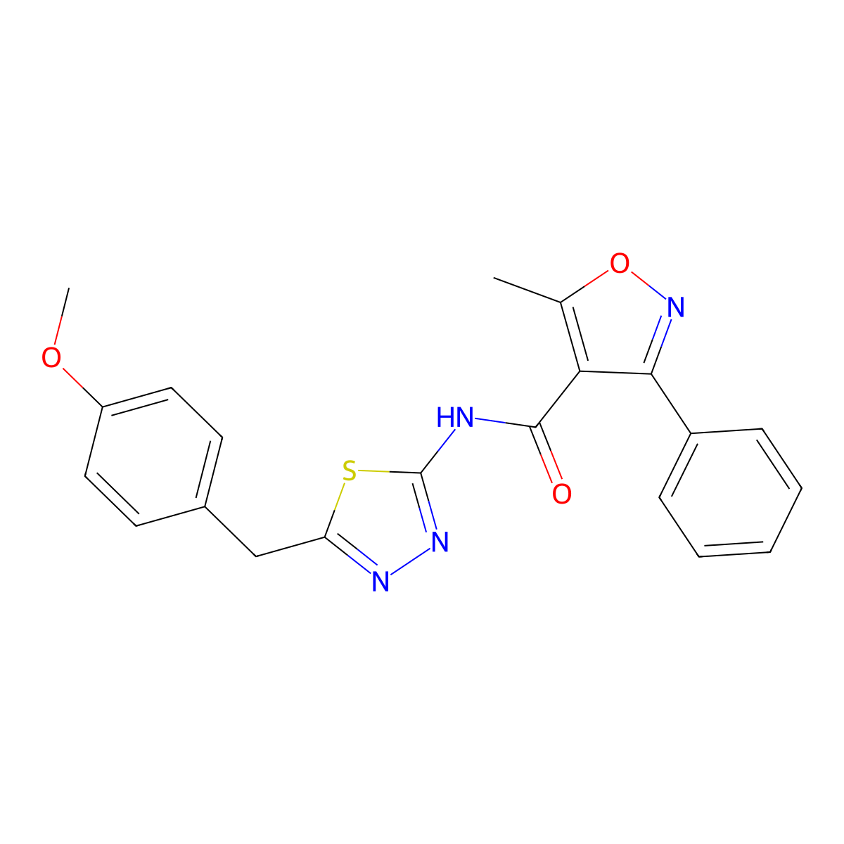 N-[5-[(4-methoxyphenyl)methyl]-1,3,4-thiadiazol-2-yl]-5-methyl-3-phenyl-1,2-oxazole-4-carboxamide molecular structure, CAS 521295-13-6