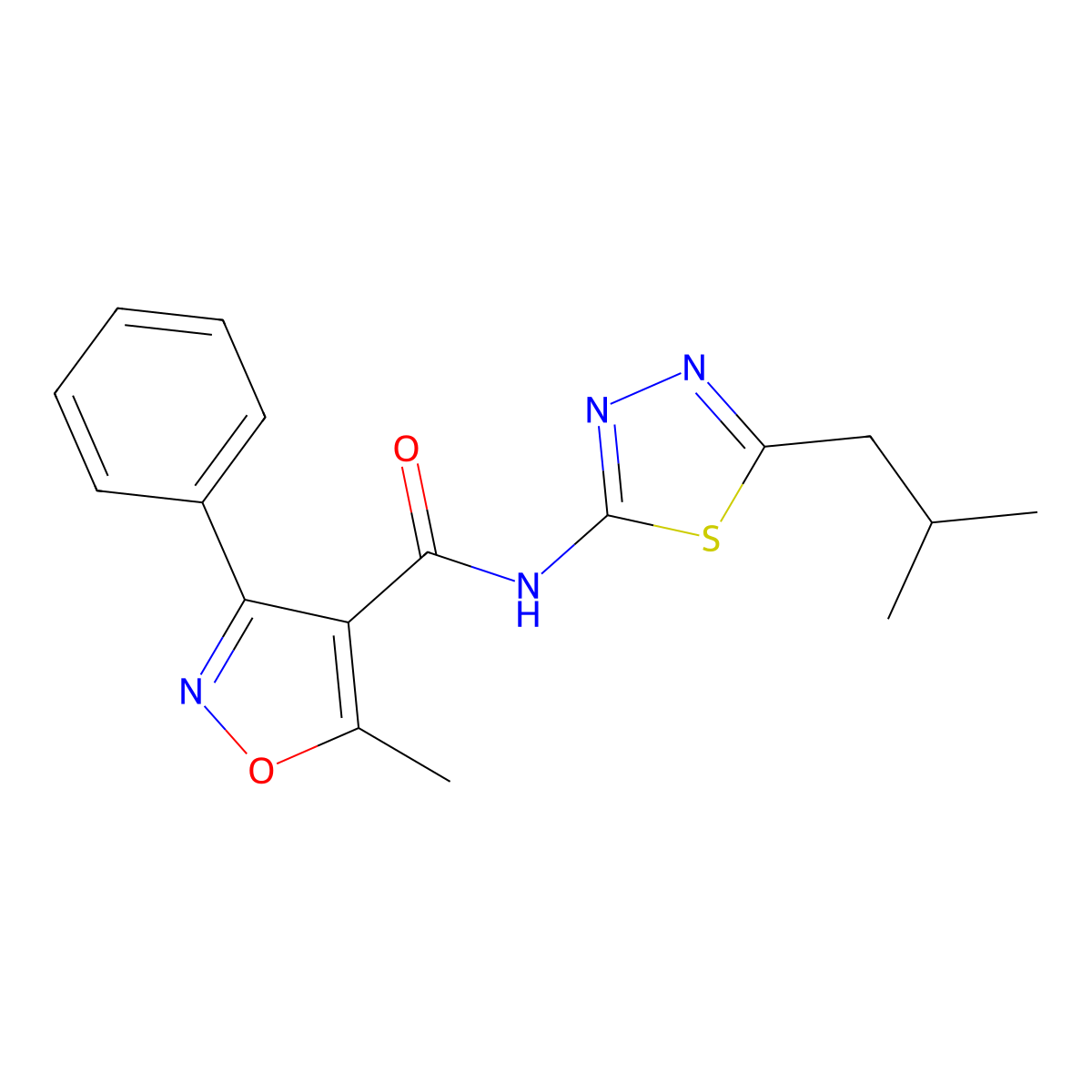 5-methyl-N-[5-(2-methylpropyl)-1,3,4-thiadiazol-2-yl]-3-phenyl-1,2-oxazole-4-carboxamide molecular structure, CAS 521295-15-8