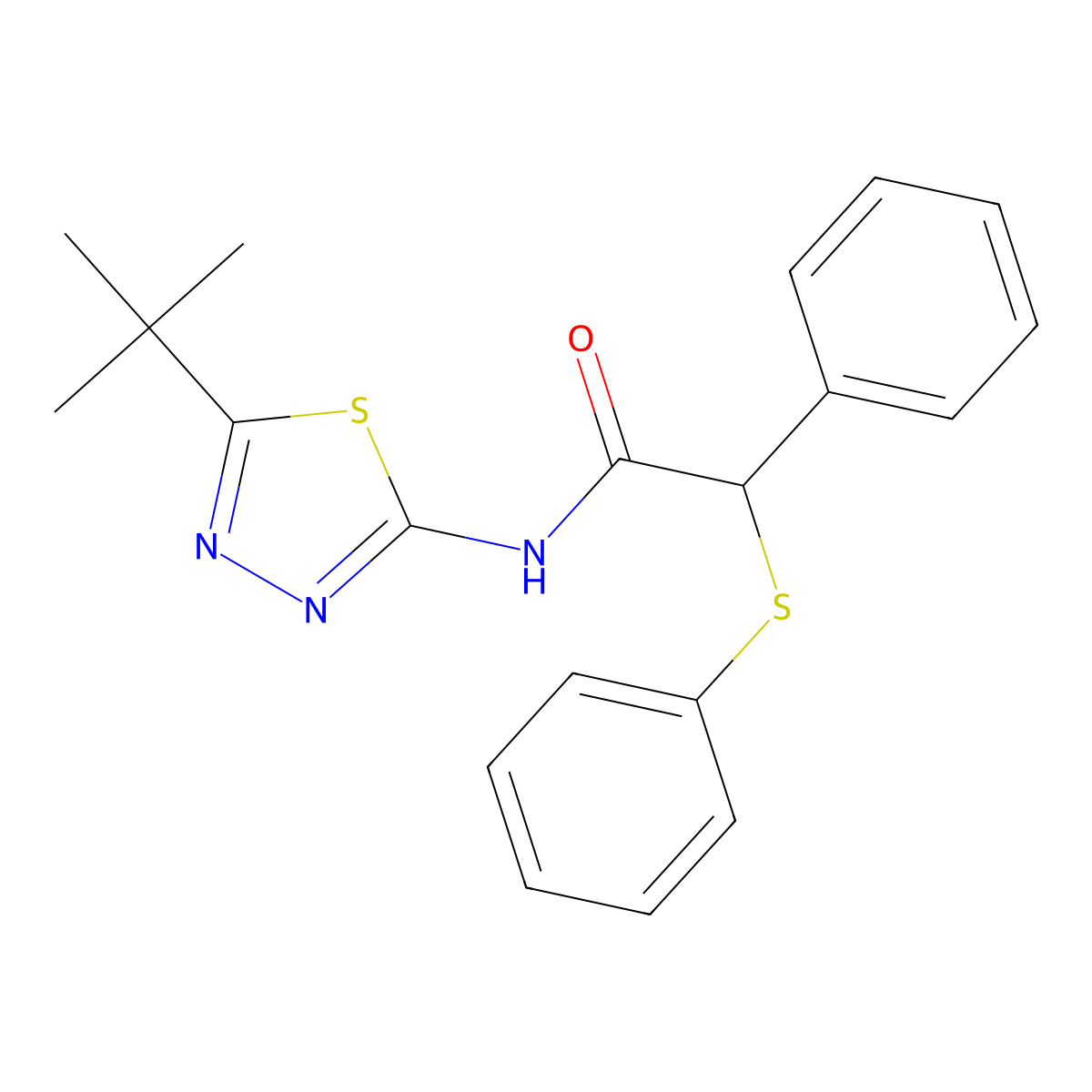 N-(5-tert-butyl-1,3,4-thiadiazol-2-yl)-2-phenyl-2-phenylsulfanylacetamide molecular structure, CAS 521299-62-7