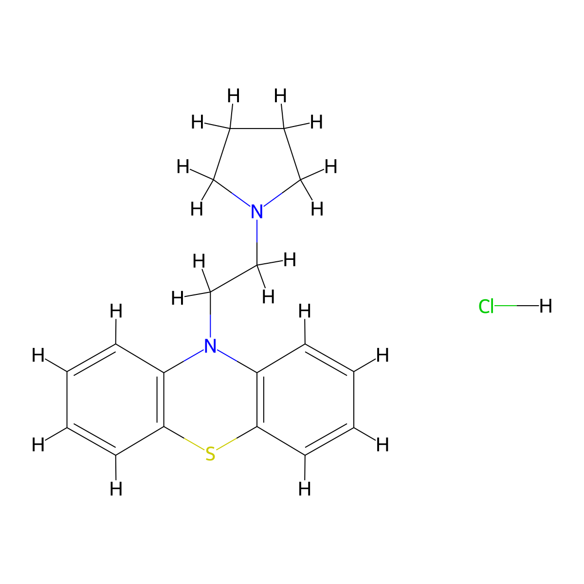 10H-Phenothiazine, 10-(2-(1-pyrrolidinyl)ethyl)-, hydrochloride (1:1) molecular structure, CAS 522-25-8
