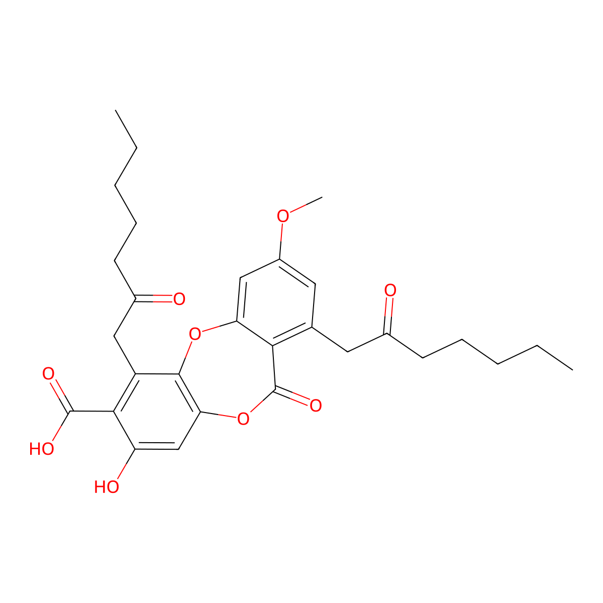 3-Hydroxy-9-Methoxy-6-Oxo-1,7-Bis(2-Oxoheptyl)Benzo(B)(1,4)Benzodioxepine-2-Carboxylic Acid molecular structure, CAS 522-52-1