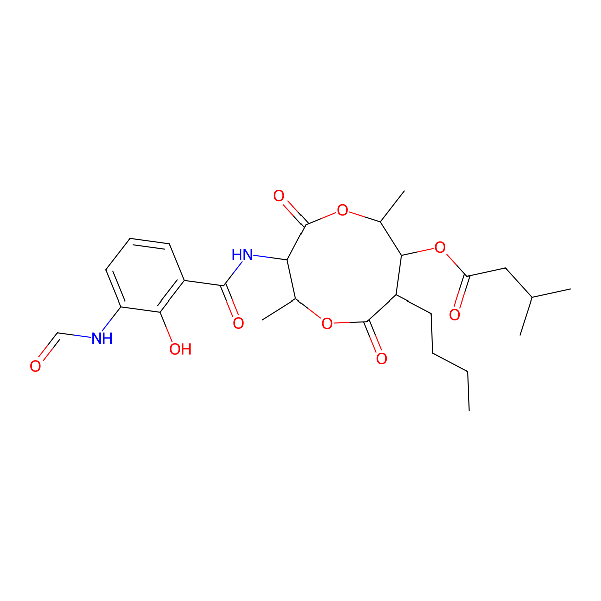 Butanoic acid, 2(or 3)-methyl-, (2R,3S,6S,7R,8R)-3-((3-(formylamino)-2-hydroxybenzoyl)amino)-8-butyl-2,6-dimethyl-4,9-dioxo-1,5-dioxonan-7-yl ester molecular structure, CAS 522-70-3