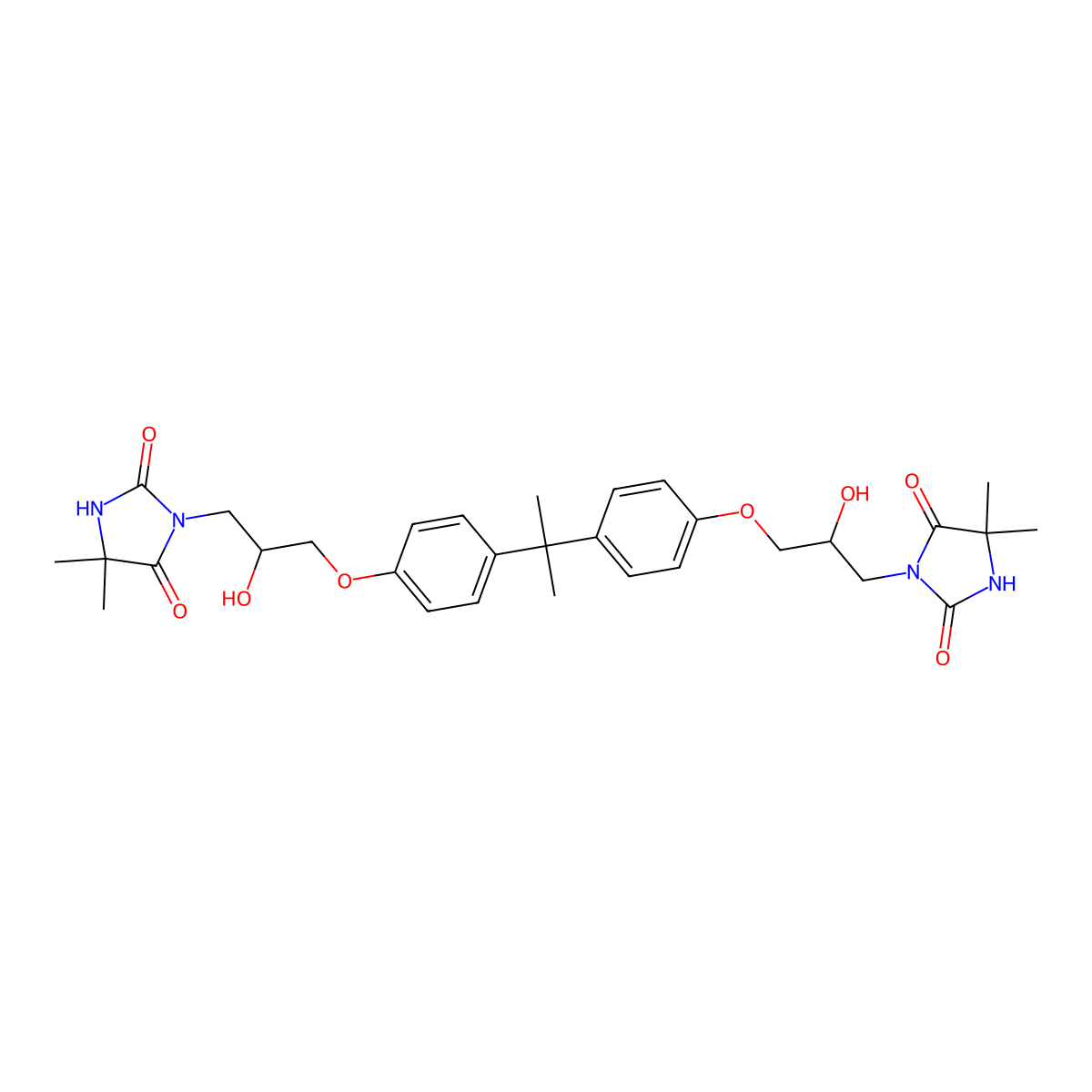 3-[3-[4-[2-[4-[3-(4,4-Dimethyl-2,5-dioxoimidazolidin-1-yl)-2-hydroxypropoxy]phenyl]propan-2-yl]phenoxy]-2-hydroxypropyl]-5,5-dimethylimidazolidine-2,4-dione molecular structure, CAS 52213-61-3