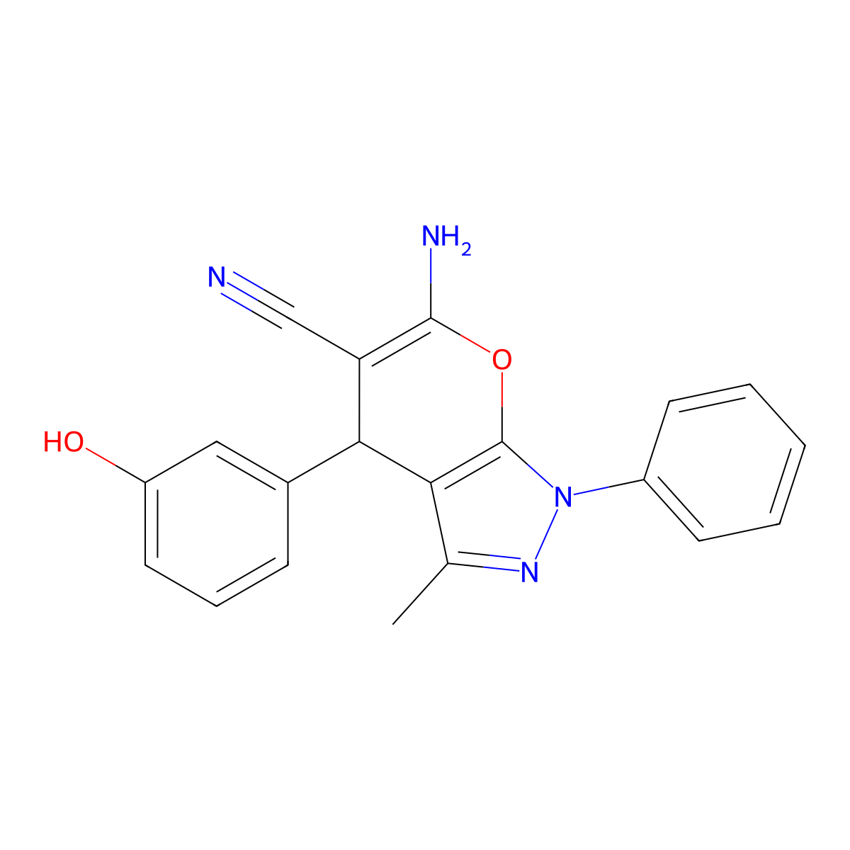 6-Amino-4-(3-hydroxyphenyl)-3-methyl-1-phenyl-1,4-dihydropyrano[2,3-c]pyrazole-5-carbonitrile molecular structure, CAS 5224-71-5