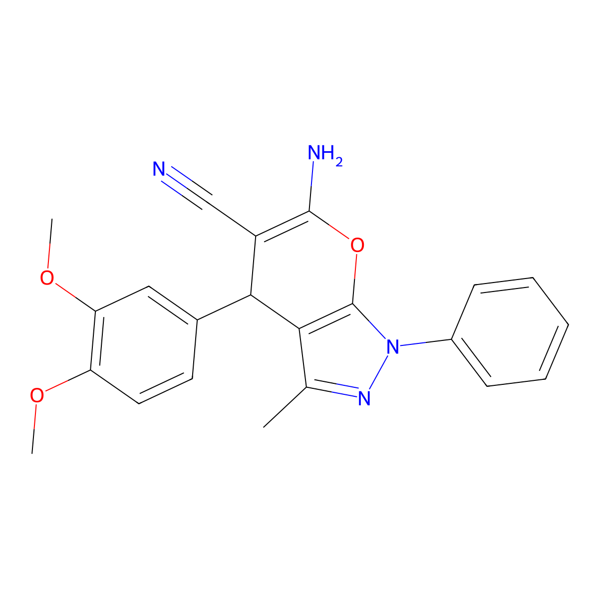 6-Amino-4-(3,4-dimethoxyphenyl)-3-methyl-1-phenyl-1,4-dihydropyrano[2,3-c]pyrazole-5-carbonitrile molecular structure, CAS 5224-72-6
