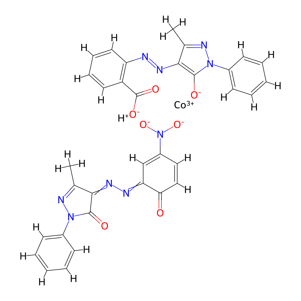 Hydrogen (2,4-dihydro-4-((2-hydroxy-5-nitrophenyl)azo)-5-methyl-2-phenyl-3H-pyrazol-3-onato(2-))(2-((4,5-dihydro-3-methyl-5-oxo-1-phenyl-1H-pyrazol-4-yl)azo)benzoato(2-))chromate(1-) molecular structure, CAS 52256-39-0
