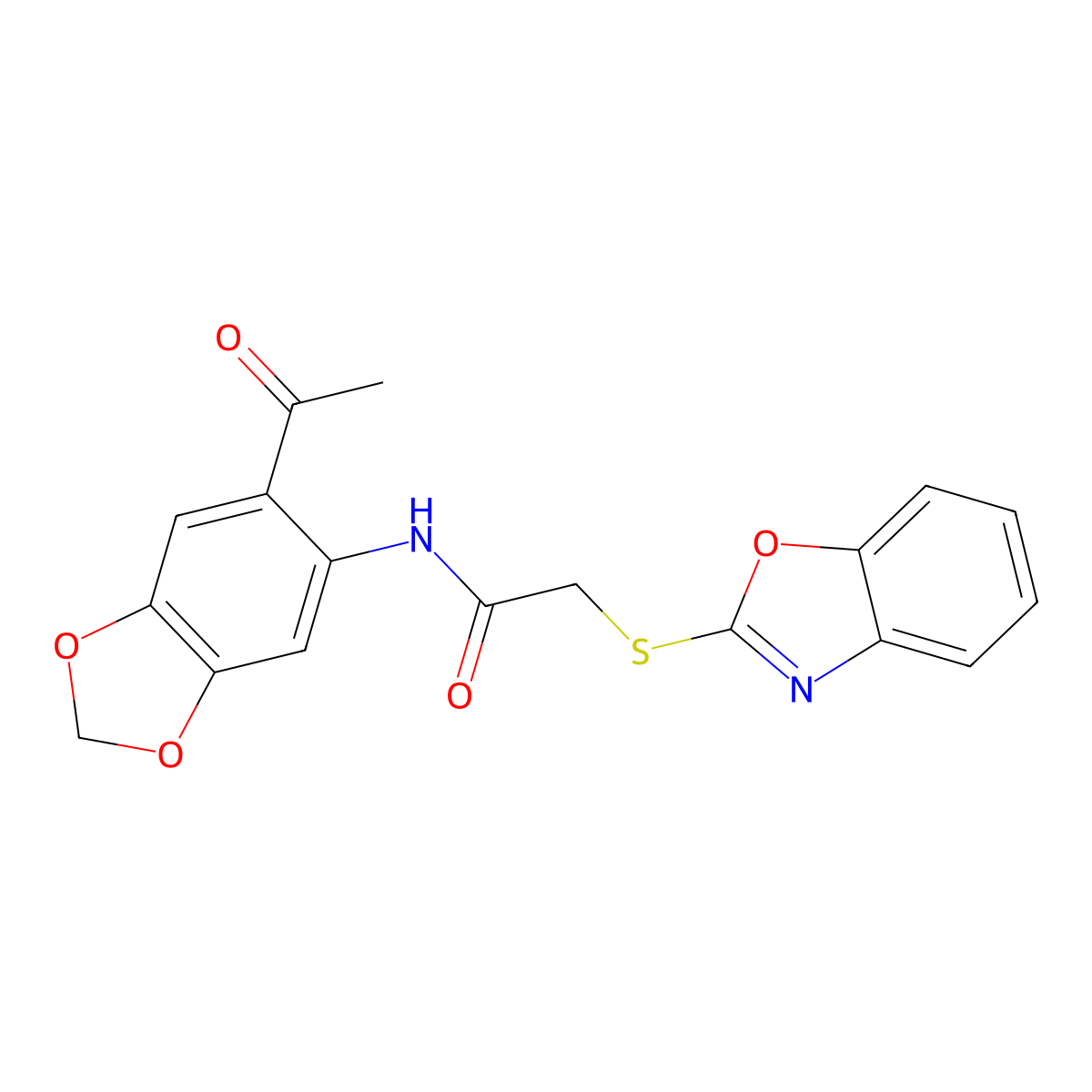 N-(6-acetyl-1,3-benzodioxol-5-yl)-2-(1,3-benzoxazol-2-ylsulfanyl)acetamide molecular structure, CAS 522593-63-1