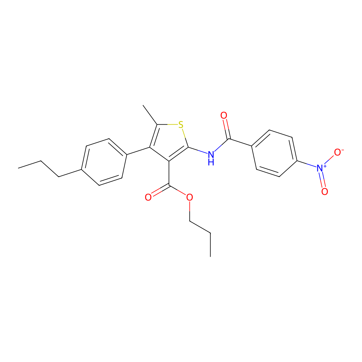 Propyl 2-({4-nitrobenzoyl}amino)-5-methyl-4-(4-propylphenyl)-3-thiophenecarboxylate molecular structure, CAS 522593-91-5