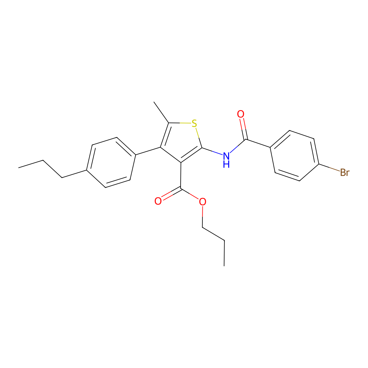 Propyl 2-[(4-bromobenzoyl)amino]-5-methyl-4-(4-propylphenyl)-3-thiophenecarboxylate molecular structure, CAS 522593-93-7