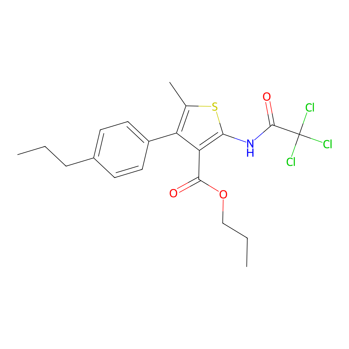 Propyl 5-methyl-4-(4-propylphenyl)-2-[(trichloroacetyl)amino]-3-thiophenecarboxylate molecular structure, CAS 522593-94-8