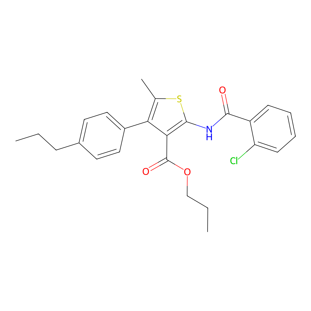 Propyl 2-[(2-chlorobenzoyl)amino]-5-methyl-4-(4-propylphenyl)-3-thiophenecarboxylate molecular structure, CAS 522593-98-2
