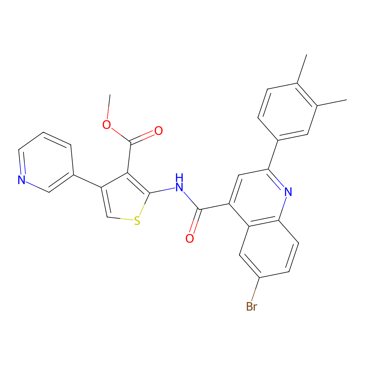 Methyl 2-({[6-bromo-2-(3,4-dimethylphenyl)quinolin-4-yl]carbonyl}amino)-4-(pyridin-3-yl)thiophene-3-carboxylate molecular structure, CAS 522594-98-5