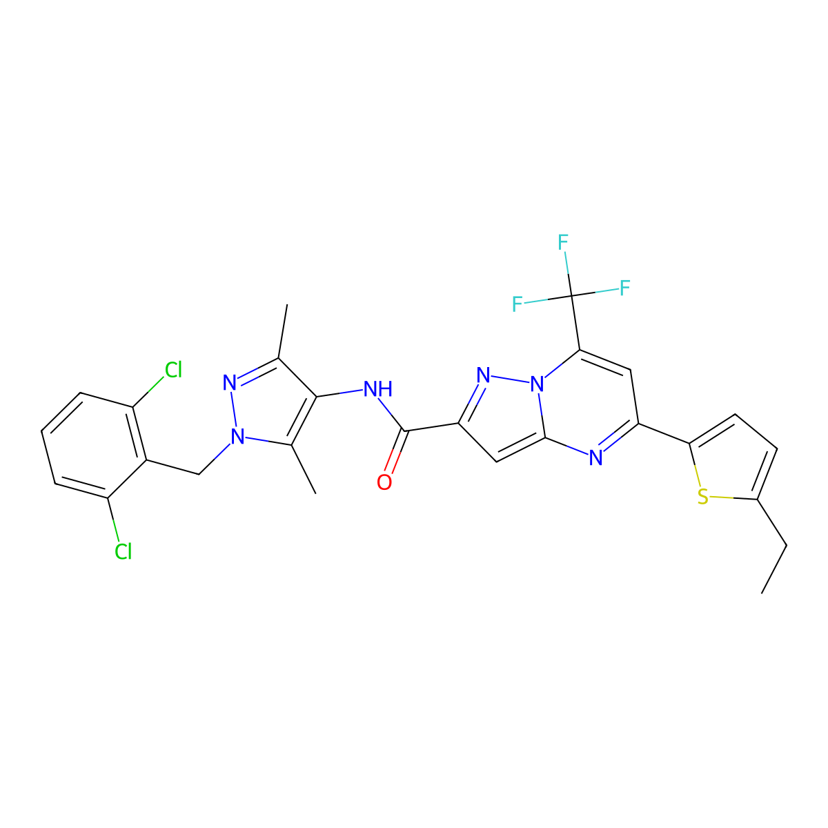 N-[1-[(2,6-dichlorophenyl)methyl]-3,5-dimethylpyrazol-4-yl]-5-(5-ethylthiophen-2-yl)-7-(trifluoromethyl)pyrazolo[1,5-a]pyrimidine-2-carboxamide molecular structure, CAS 522595-99-9