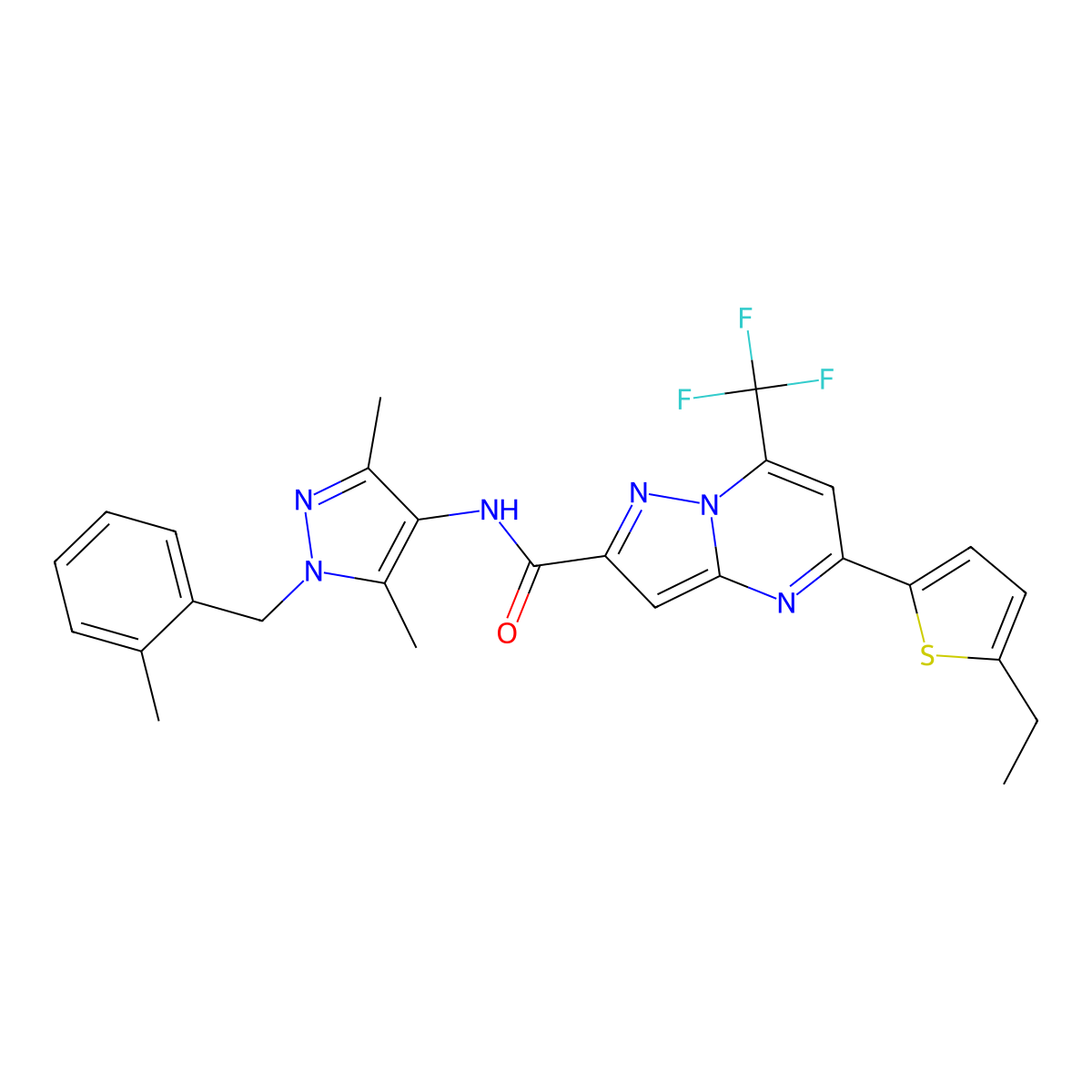N-[3,5-dimethyl-1-[(2-methylphenyl)methyl]pyrazol-4-yl]-5-(5-ethylthiophen-2-yl)-7-(trifluoromethyl)pyrazolo[1,5-a]pyrimidine-2-carboxamide molecular structure, CAS 522596-00-5