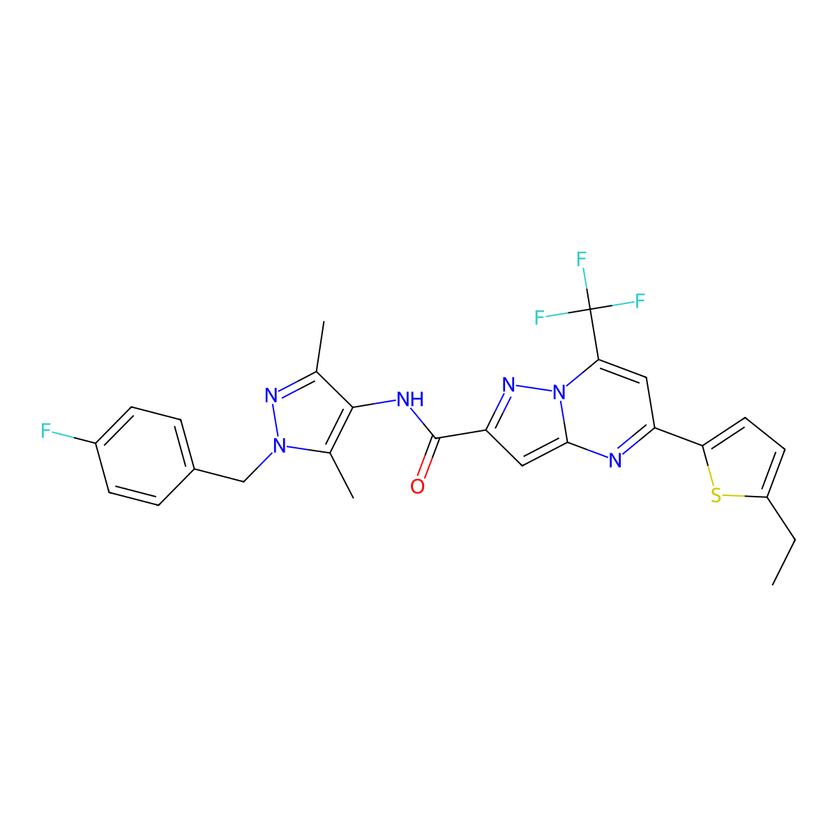 5-(5-ethylthiophen-2-yl)-N-[1-[(4-fluorophenyl)methyl]-3,5-dimethylpyrazol-4-yl]-7-(trifluoromethyl)pyrazolo[1,5-a]pyrimidine-2-carboxamide molecular structure, CAS 522596-02-7