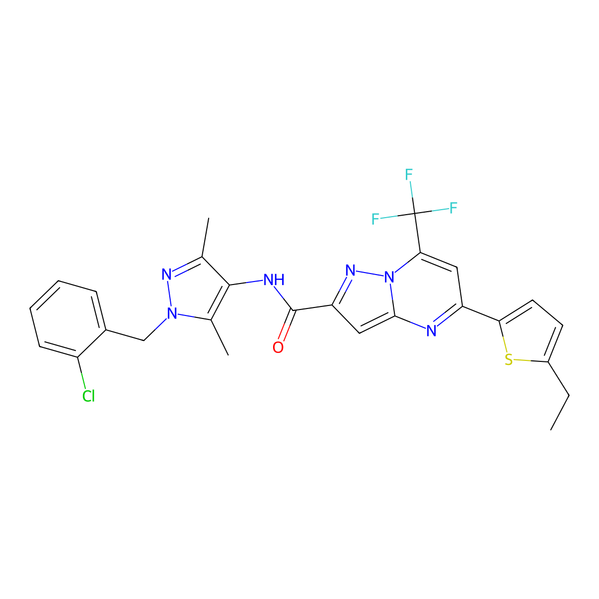 N-[1-[(2-chlorophenyl)methyl]-3,5-dimethylpyrazol-4-yl]-5-(5-ethylthiophen-2-yl)-7-(trifluoromethyl)pyrazolo[1,5-a]pyrimidine-2-carboxamide molecular structure, CAS 522596-04-9