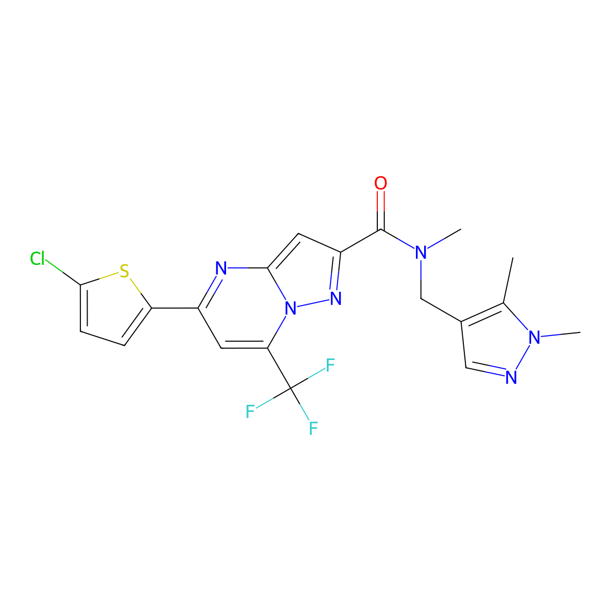 5-(5-chlorothiophen-2-yl)-N-[(1,5-dimethylpyrazol-4-yl)methyl]-N-methyl-7-(trifluoromethyl)pyrazolo[1,5-a]pyrimidine-2-carboxamide molecular structure, CAS 522597-04-2