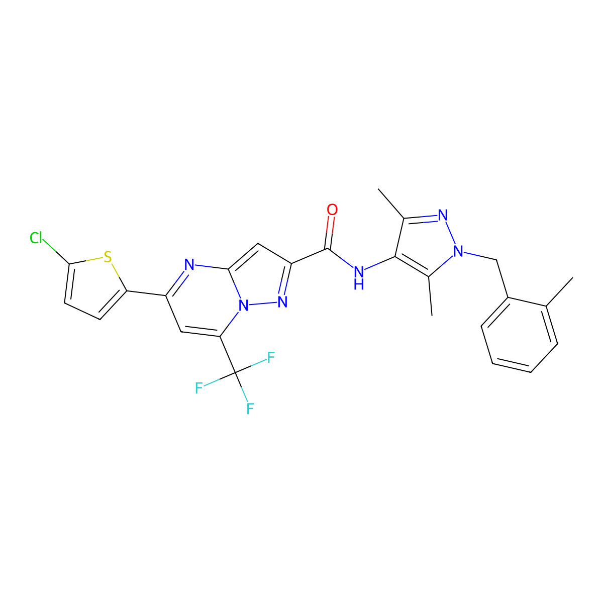 5-(5-chlorothiophen-2-yl)-N-[3,5-dimethyl-1-[(2-methylphenyl)methyl]pyrazol-4-yl]-7-(trifluoromethyl)pyrazolo[1,5-a]pyrimidine-2-carboxamide molecular structure, CAS 522597-06-4