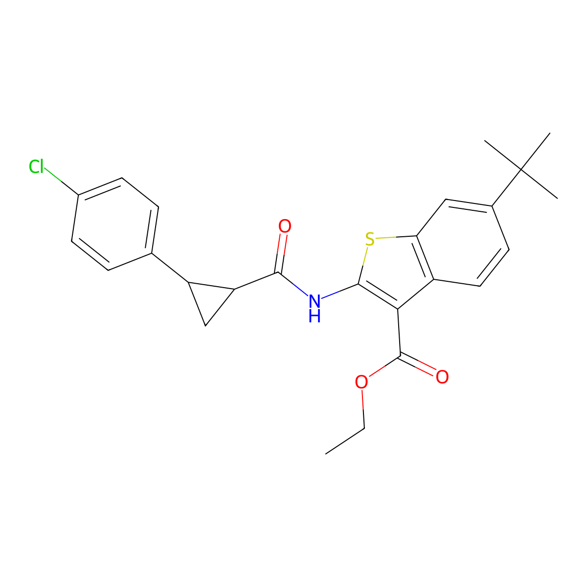 Ethyl 6-tert-butyl-2-({[2-(4-chlorophenyl)cyclopropyl]carbonyl}amino)-1-benzothiophene-3-carboxylate molecular structure, CAS 522597-71-3