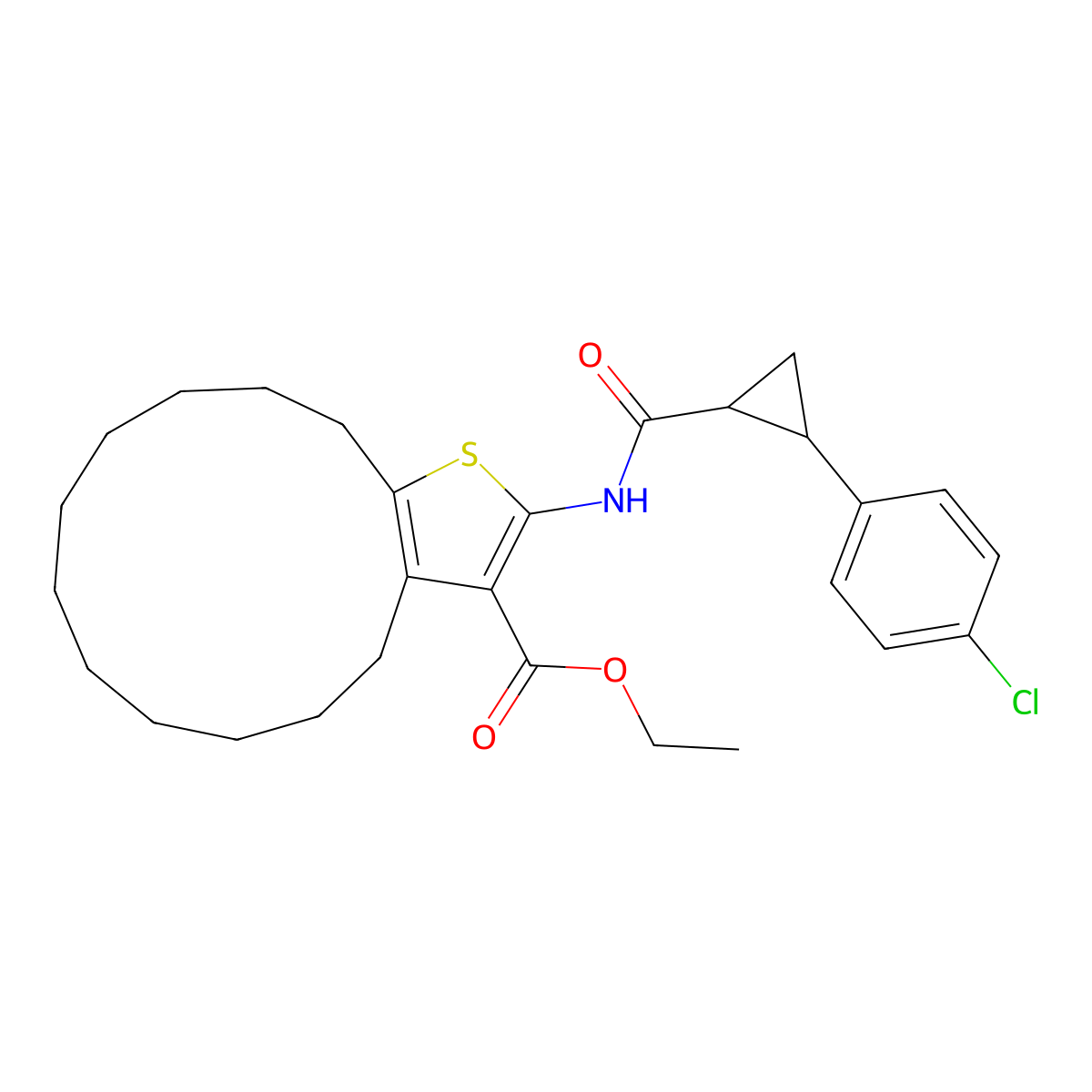 Ethyl 15-[[2-(4-chlorophenyl)cyclopropanecarbonyl]amino]-14-thiabicyclo[11.3.0]hexadeca-1(13),15-diene-16-carboxylate molecular structure, CAS 522597-77-9