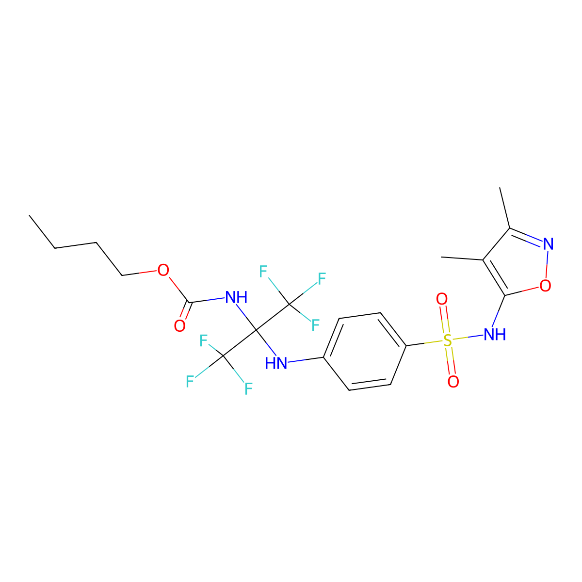 butyl N-[2-[4-[(3,4-dimethyl-1,2-oxazol-5-yl)sulfamoyl]anilino]-1,1,1,3,3,3-hexafluoropropan-2-yl]carbamate molecular structure, CAS 5226-12-0