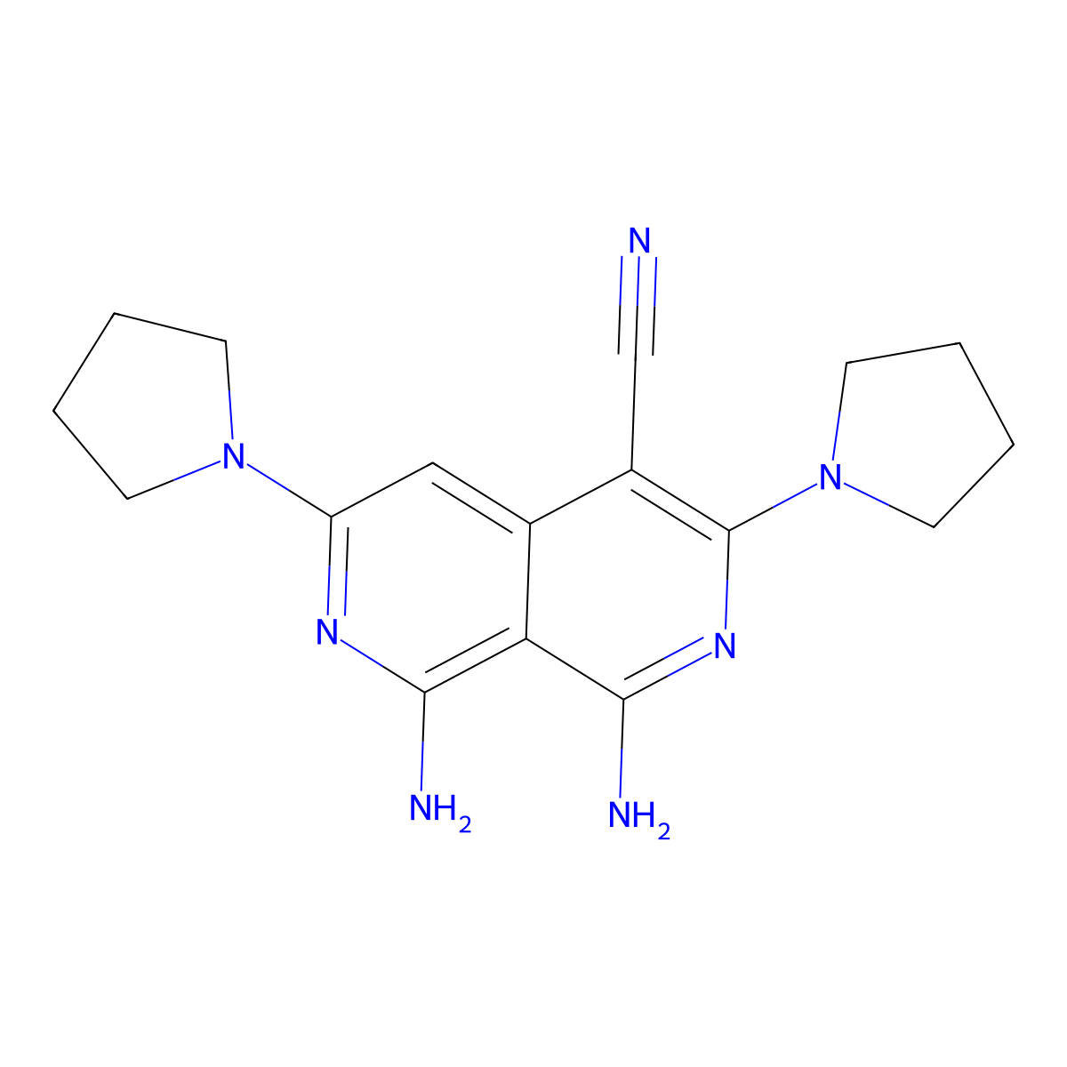 1,8-Diamino-3,6-bis(pyrrolidin-1-yl)-2,7-naphthyridine-4-carbonitrile molecular structure, CAS 522606-67-3