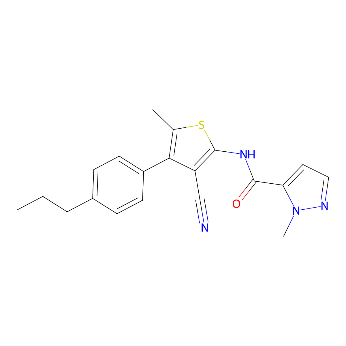 N-[3-cyano-5-methyl-4-(4-propylphenyl)thiophen-2-yl]-2-methylpyrazole-3-carboxamide molecular structure, CAS 522619-22-3