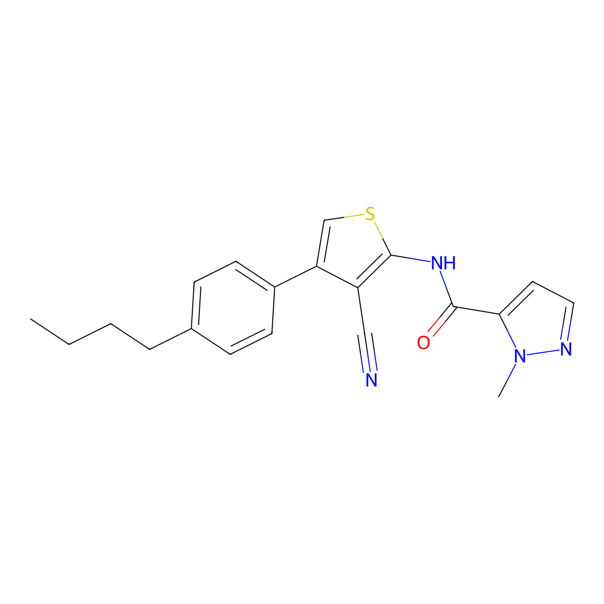 1H-Pyrazole-5-carboxamide, N-[4-(4-butylphenyl)-3-cyano-2-thienyl]-1-methyl- molecular structure, CAS 522619-32-5