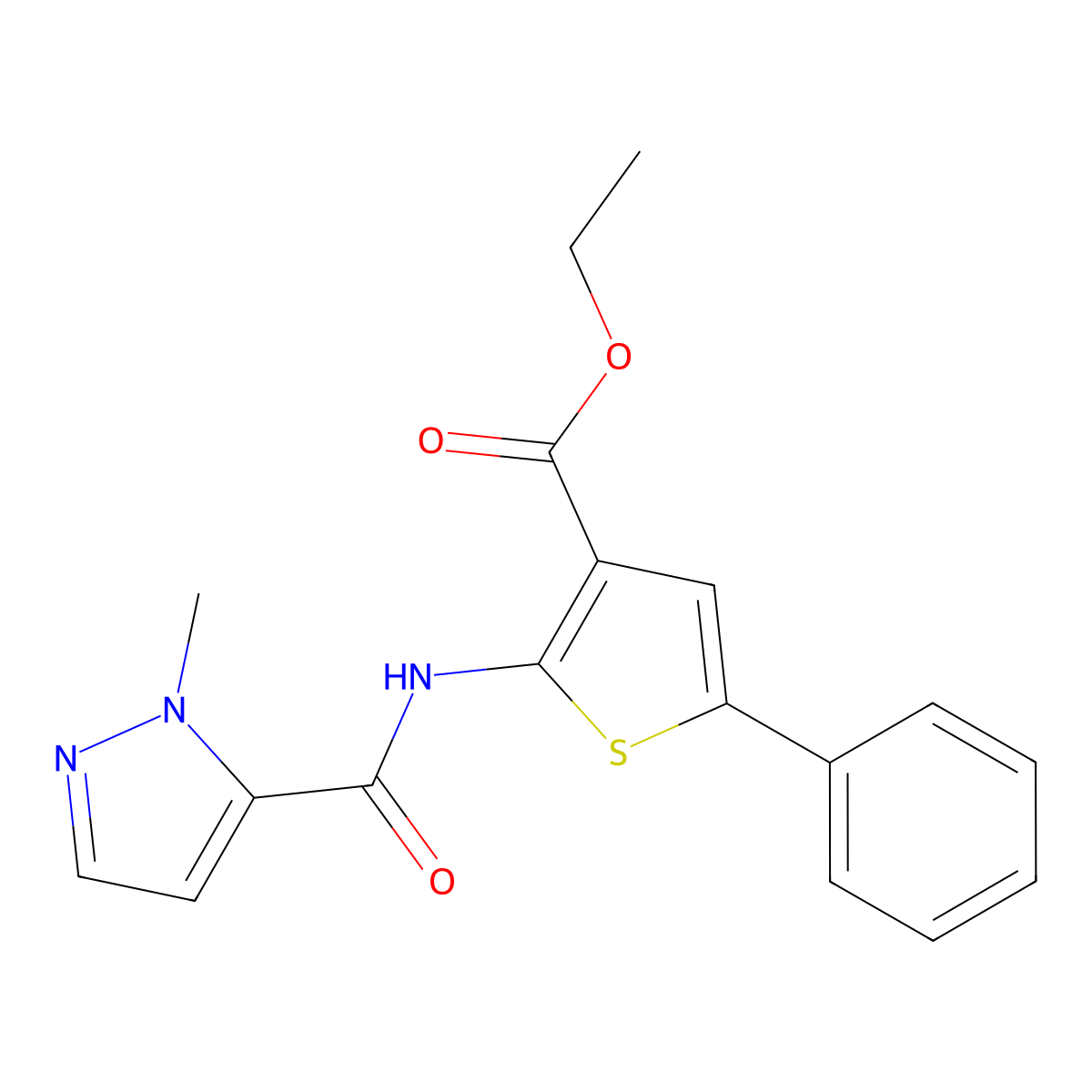 Ethyl 2-[(2-methylpyrazole-3-carbonyl)amino]-5-phenylthiophene-3-carboxylate molecular structure, CAS 522619-68-7