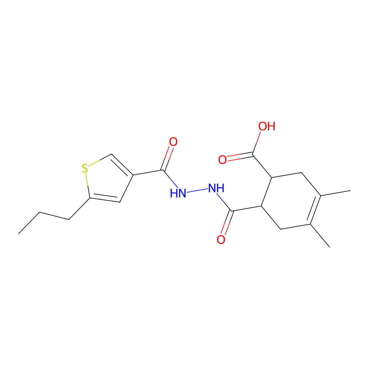 3,4-Dimethyl-6-({2-[(5-propylthiophen-3-yl)carbonyl]hydrazinyl}carbonyl)cyclohex-3-ene-1-carboxylic acid molecular structure, CAS 522621-31-4