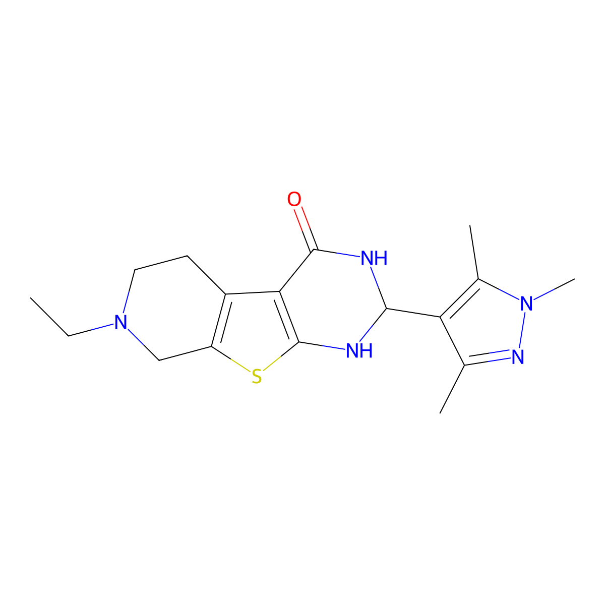 7-ethyl-2-(1,3,5-trimethyl-1H-pyrazol-4-yl)-2,3,5,6,7,8-hexahydropyrido[4',3':4,5]thieno[2,3-d]pyrimidin-4(1H)-one molecular structure, CAS 522621-56-3