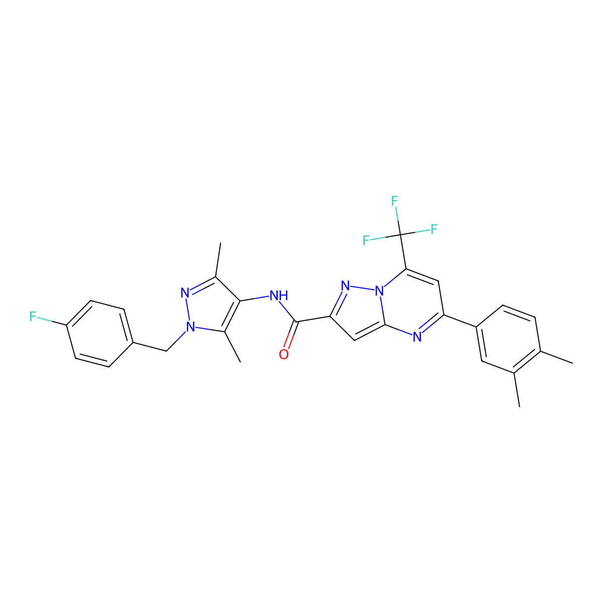 5-(3,4-dimethylphenyl)-N-[1-[(4-fluorophenyl)methyl]-3,5-dimethylpyrazol-4-yl]-7-(trifluoromethyl)pyrazolo[1,5-a]pyrimidine-2-carboxamide molecular structure, CAS 522622-59-9