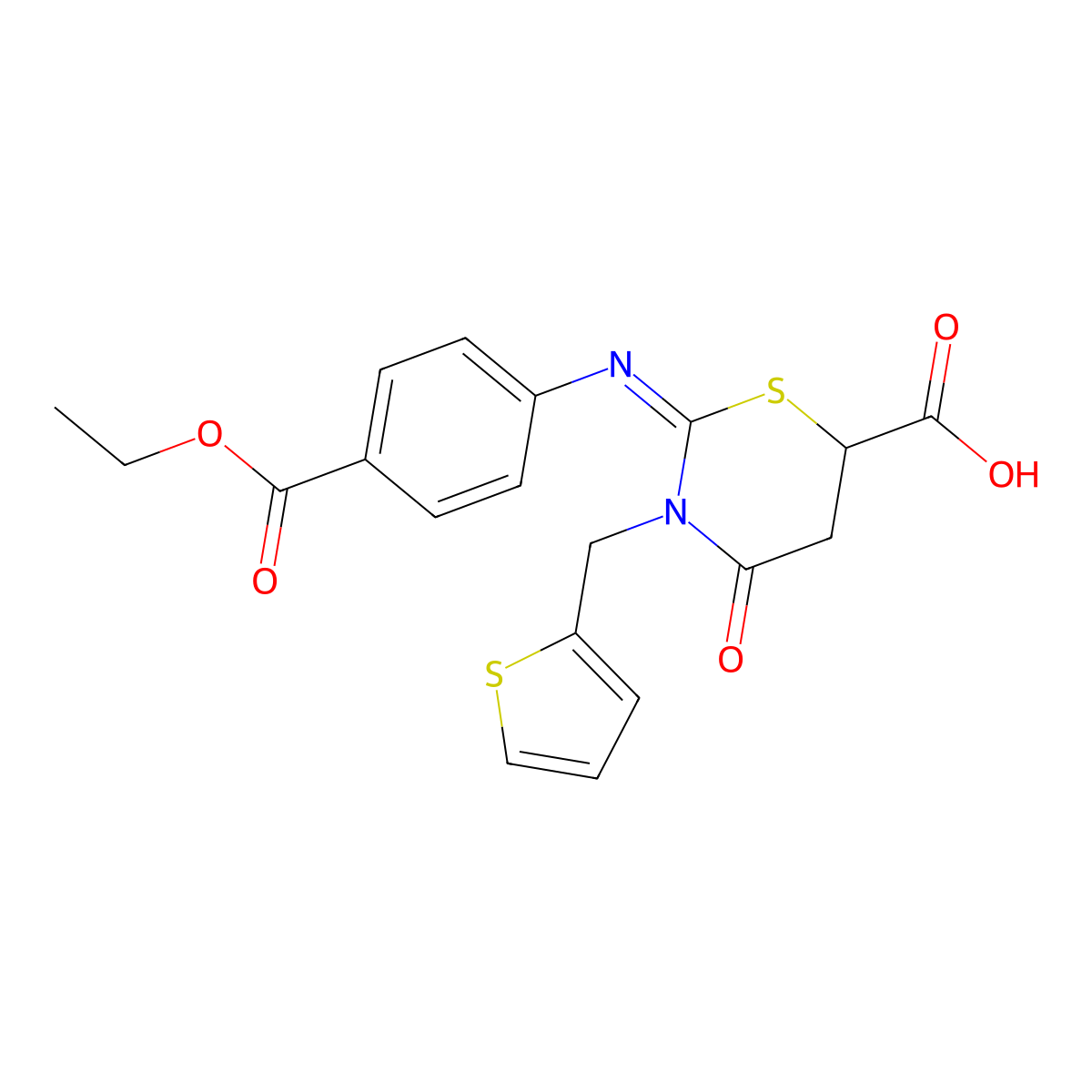 (Z)-2-((4-(ethoxycarbonyl)phenyl)imino)-4-oxo-3-(thiophen-2-ylmethyl)-1,3-thiazinane-6-carboxylic acid molecular structure, CAS 522637-53-2