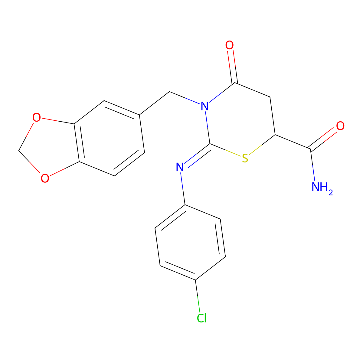 (2Z)-3-(1,3-benzodioxol-5-ylmethyl)-2-[(4-chlorophenyl)imino]-4-oxo-1,3-thiazinane-6-carboxamide molecular structure, CAS 522638-02-4