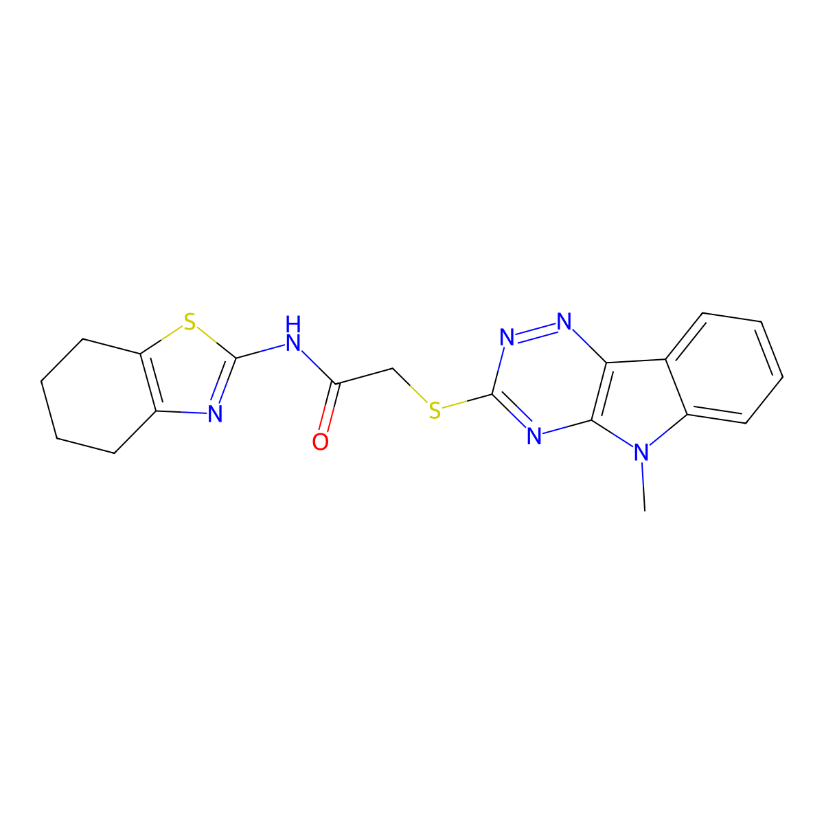 2-[(5-methyl-[1,2,4]triazino[5,6-b]indol-3-yl)sulfanyl]-N-(4,5,6,7-tetrahydro-1,3-benzothiazol-2-yl)acetamide molecular structure, CAS 522650-90-4