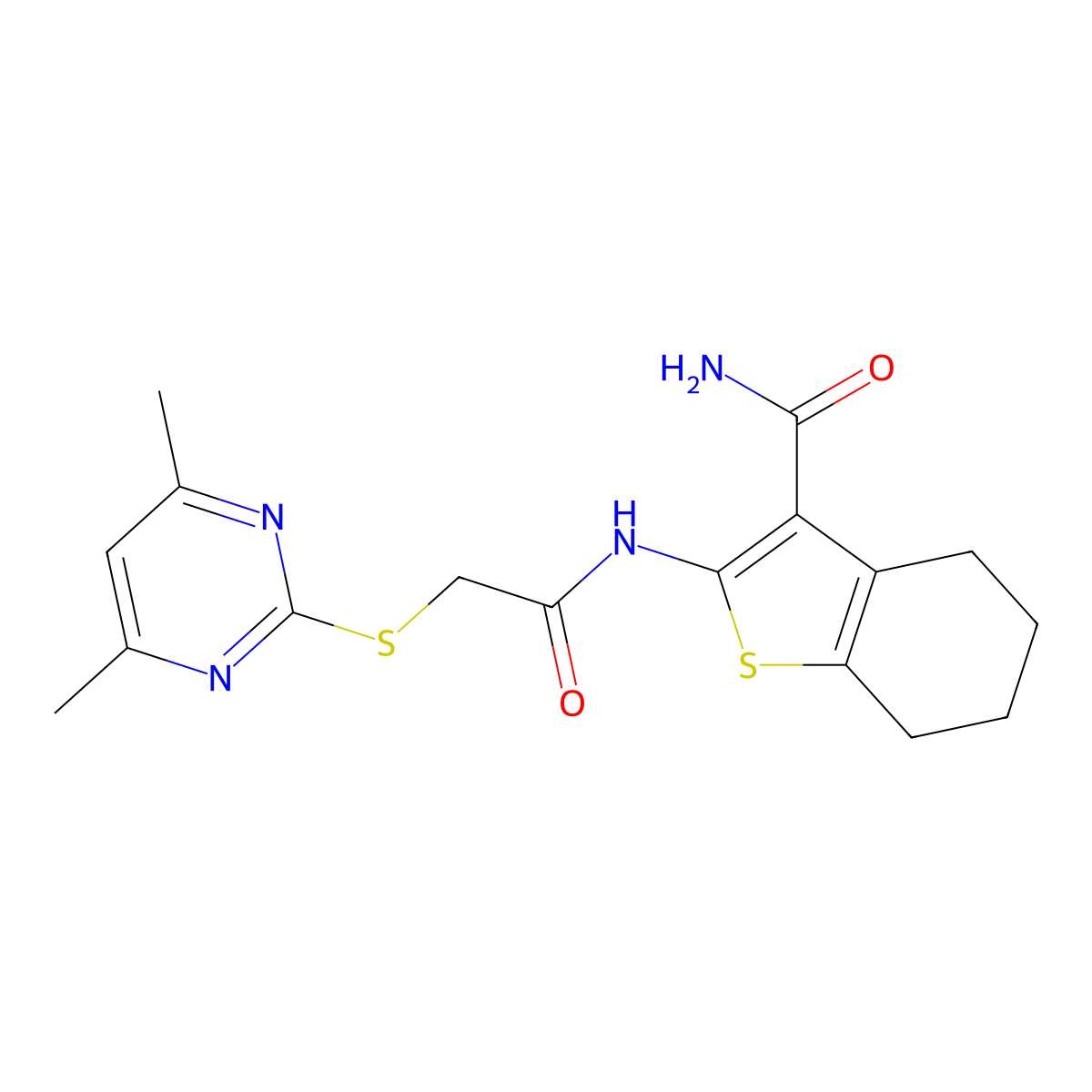 2-[[2-(4,6-Dimethylpyrimidin-2-yl)sulfanylacetyl]amino]-4,5,6,7-tetrahydro-1-benzothiophene-3-carboxamide molecular structure, CAS 522651-47-4
