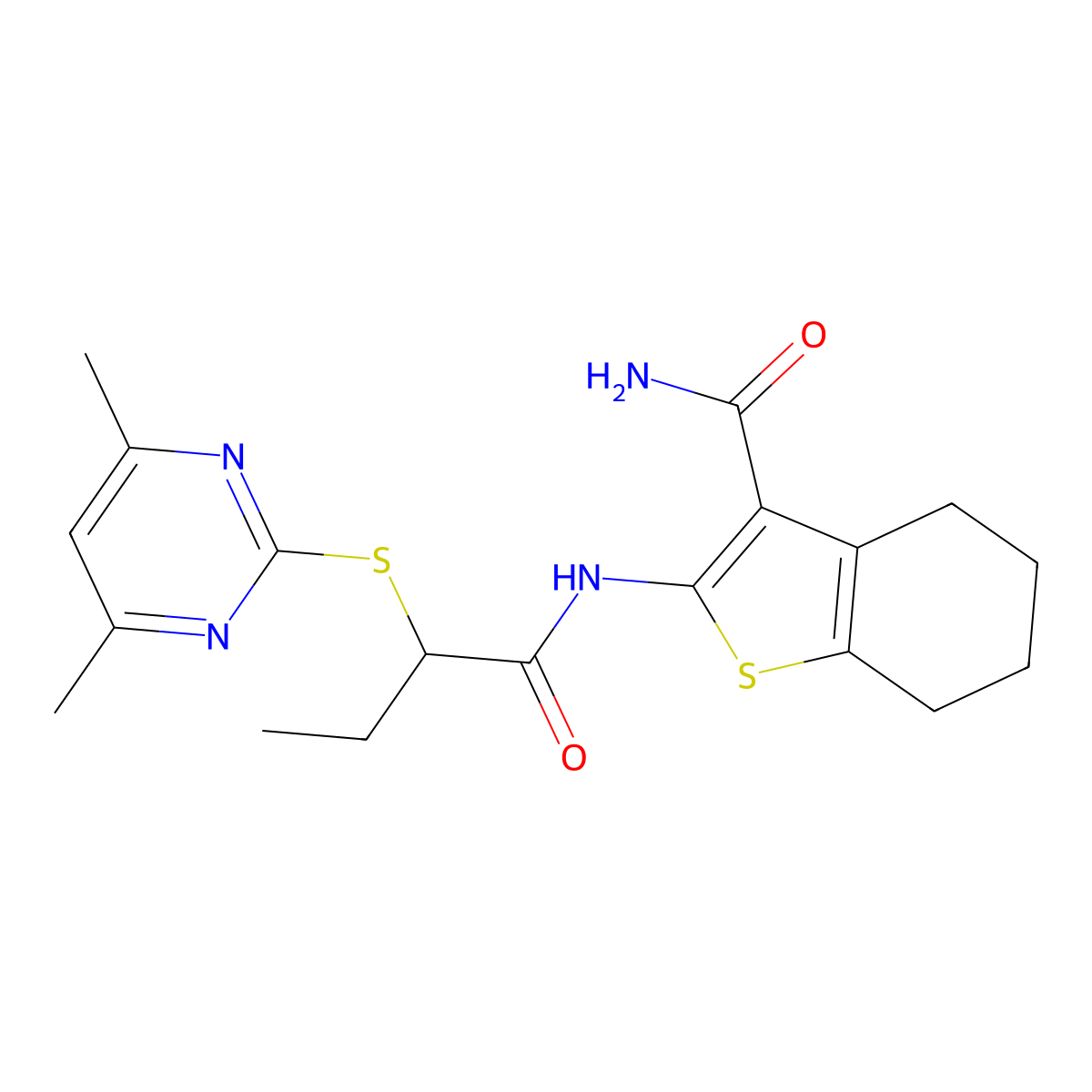 2-({2-[(4,6-Dimethylpyrimidin-2-yl)sulfanyl]butanoyl}amino)-4,5,6,7-tetrahydro-1-benzothiophene-3-carboxamide molecular structure, CAS 522651-49-6