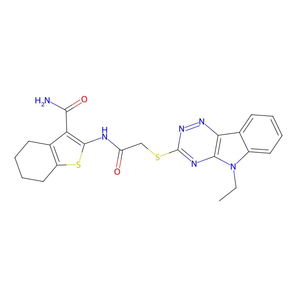 2-[[2-[(5-Ethyl-[1,2,4]triazino[5,6-b]indol-3-yl)sulfanyl]acetyl]amino]-4,5,6,7-tetrahydro-1-benzothiophene-3-carboxamide molecular structure, CAS 522651-50-9
