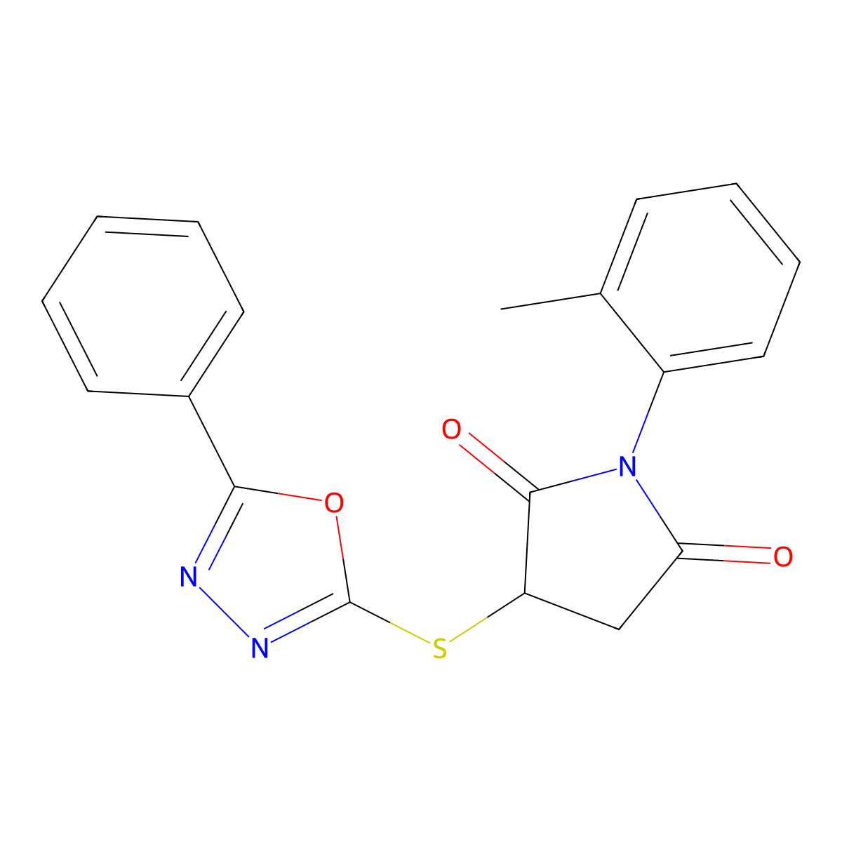 1-(2-Methylphenyl)-3-[(5-phenyl-1,3,4-oxadiazol-2-yl)sulfanyl]pyrrolidine-2,5-dione molecular structure, CAS 522660-29-3