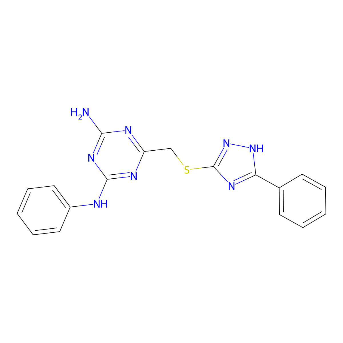 2-N-phenyl-6-[(5-phenyl-1H-1,2,4-triazol-3-yl)sulfanylmethyl]-1,3,5-triazine-2,4-diamine molecular structure, CAS 522660-37-3