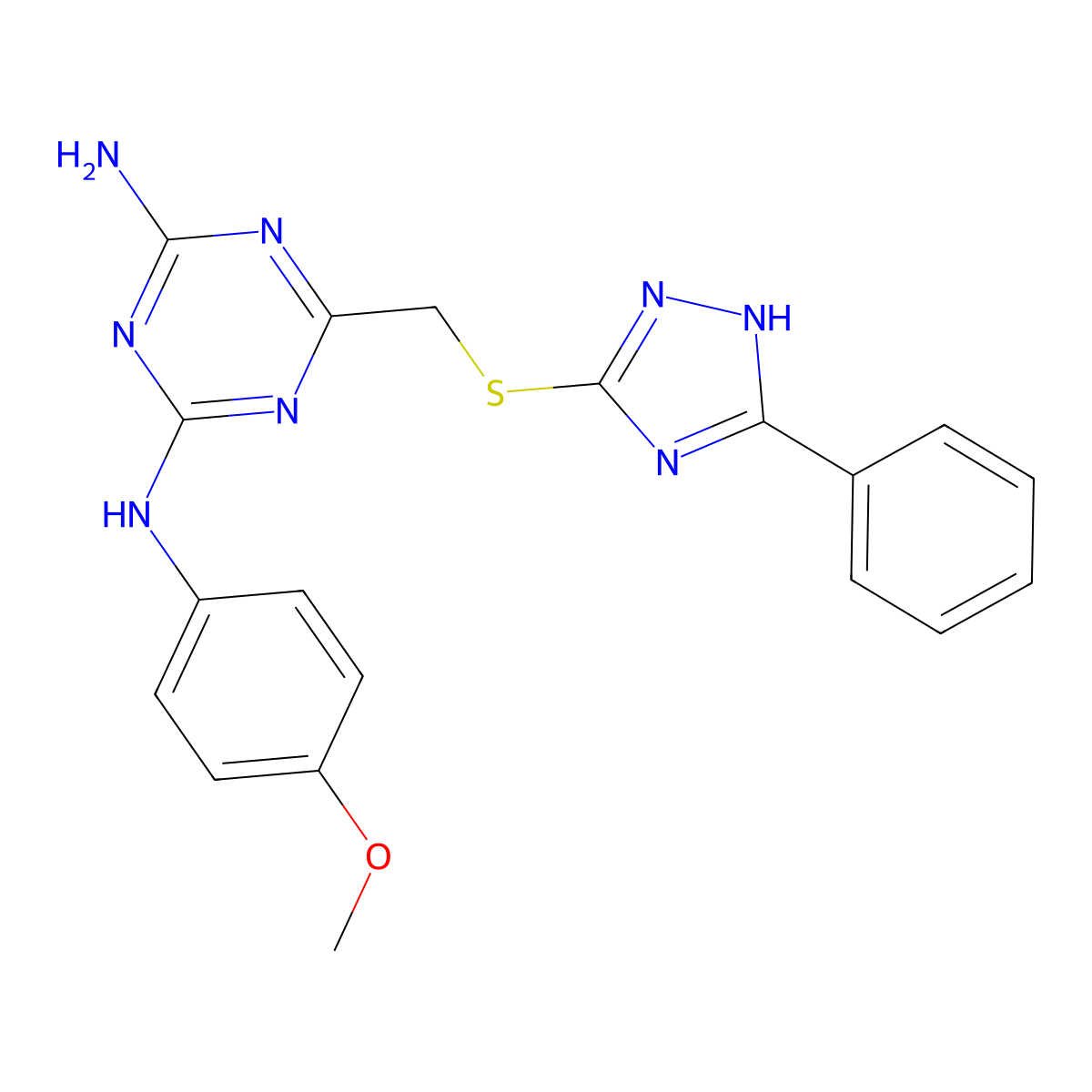 N-(4-Methoxy-phenyl)-6-(5-phenyl-4H-[1,2,4]triazol-3-ylsulfanylmethyl)-[1,3,5]triazine-2,4-diamine molecular structure, CAS 522660-41-9