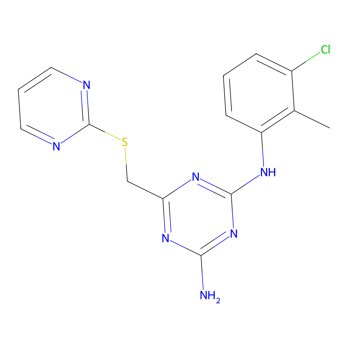 N-(3-chloro-2-methylphenyl)-6-[(2-pyrimidinylthio)methyl]-1,3,5-triazine-2,4-diamine molecular structure, CAS 522660-42-0