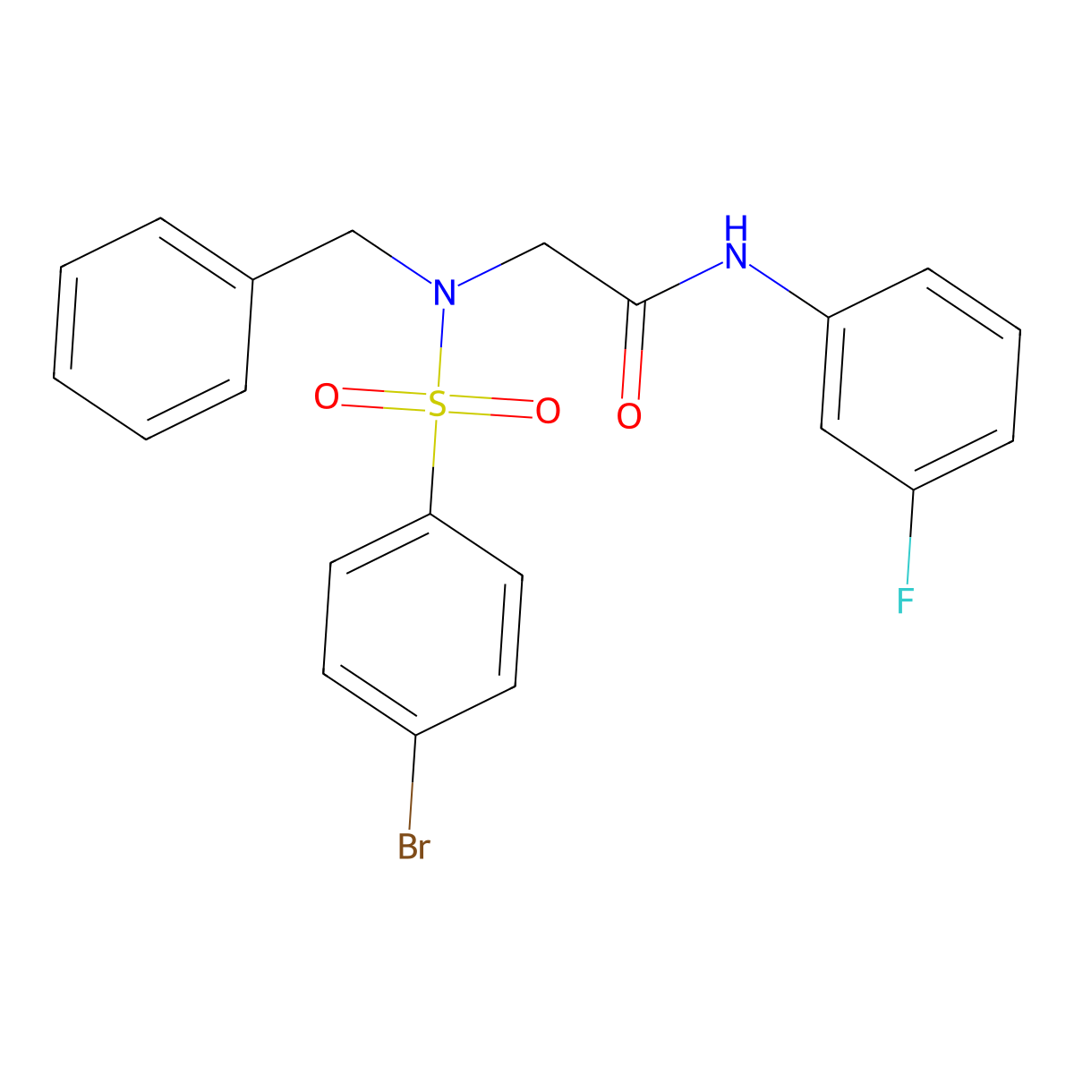 2-[benzyl-(4-bromophenyl)sulfonylamino]-N-(3-fluorophenyl)acetamide molecular structure, CAS 522661-99-0
