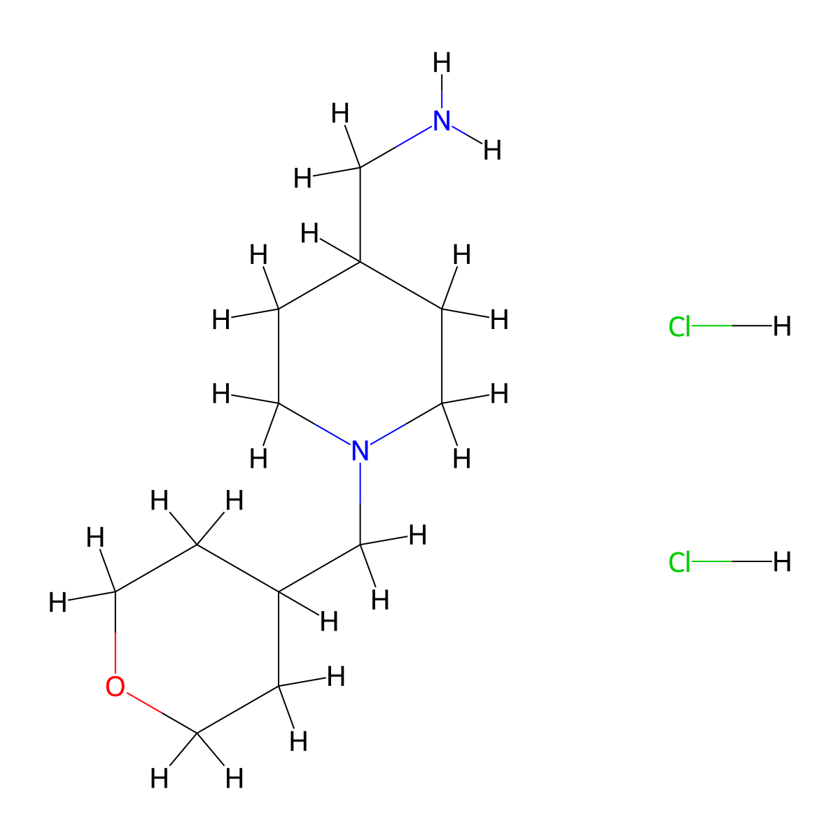 (1-((Tetrahydro-2H-pyran-4-yl)methyl)piperidin-4-yl)methanamine dihydrochloride molecular structure, CAS 522665-23-2