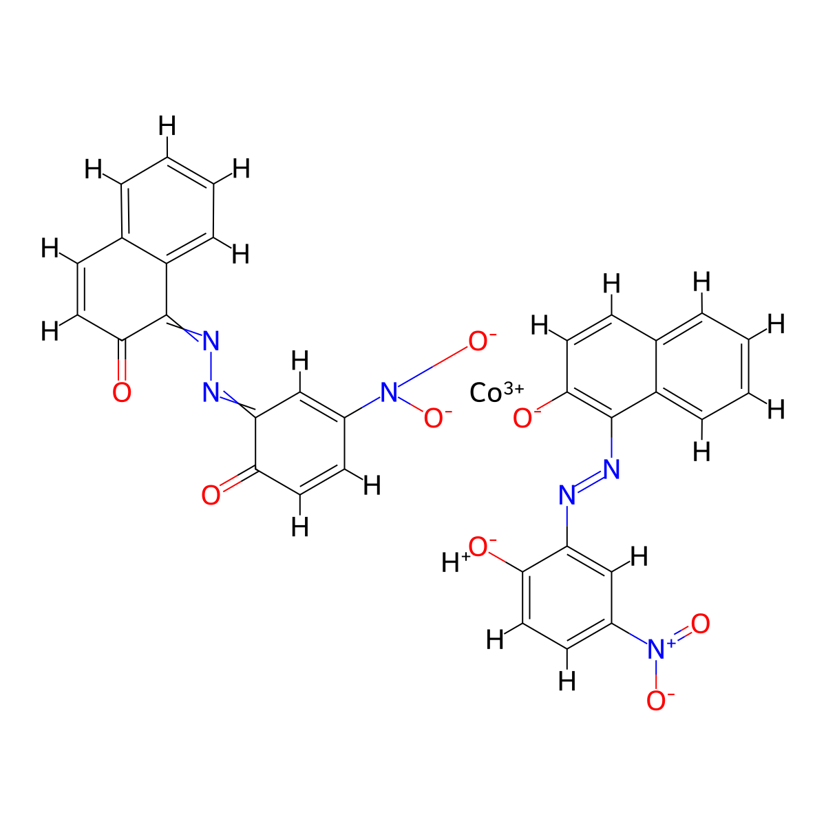 Cobaltate(1-), bis(1-(2-(2-(hydroxy-kappaO)-5-nitrophenyl)diazenyl-kappaN1)-2-naphthalenolato(2-)-kappaO)-, hydrogen (1:1) molecular structure, CAS 52277-69-7