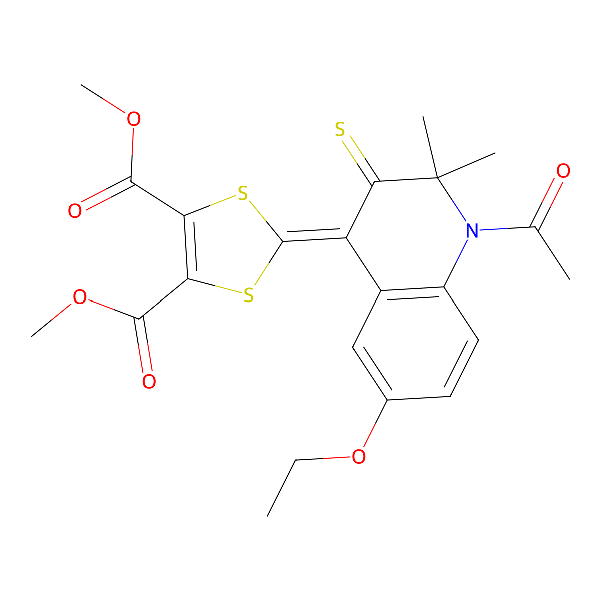 Dimethyl 2-(1-acetyl-6-ethoxy-2,2-dimethyl-3-sulfanylidenequinolin-4-ylidene)-1,3-dithiole-4,5-dicarboxylate molecular structure, CAS 5228-56-8