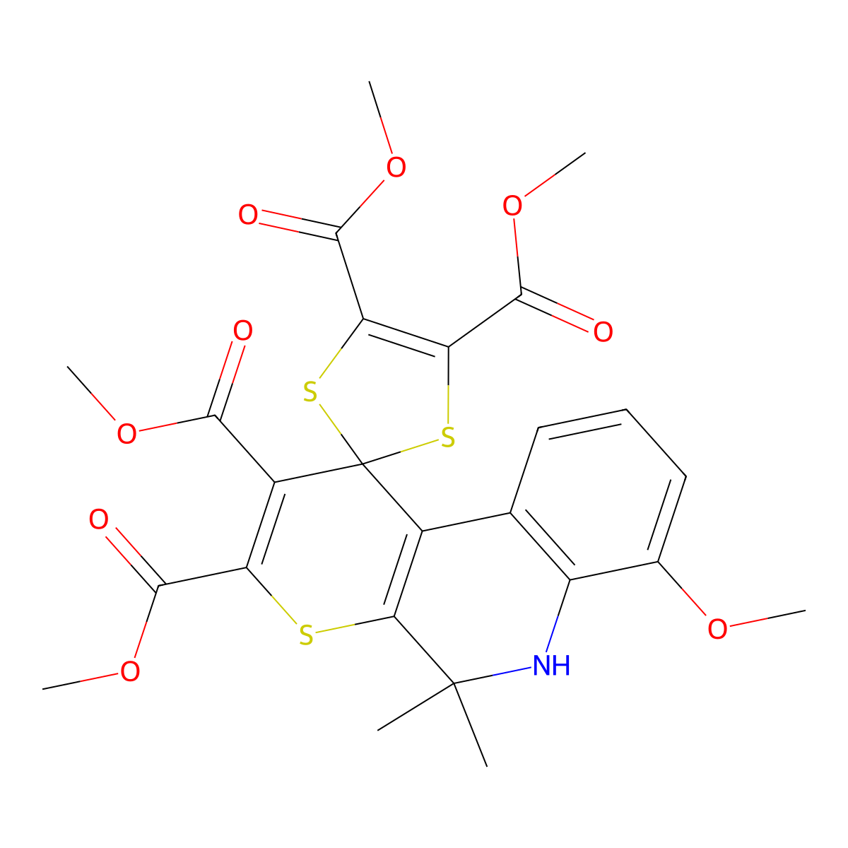 tetramethyl 7'-methoxy-5',5'-dimethylspiro[1,3-dithiole-2,1'-6H-thiopyrano[2,3-c]quinoline]-2',3',4,5-tetracarboxylate molecular structure, CAS 5228-60-4