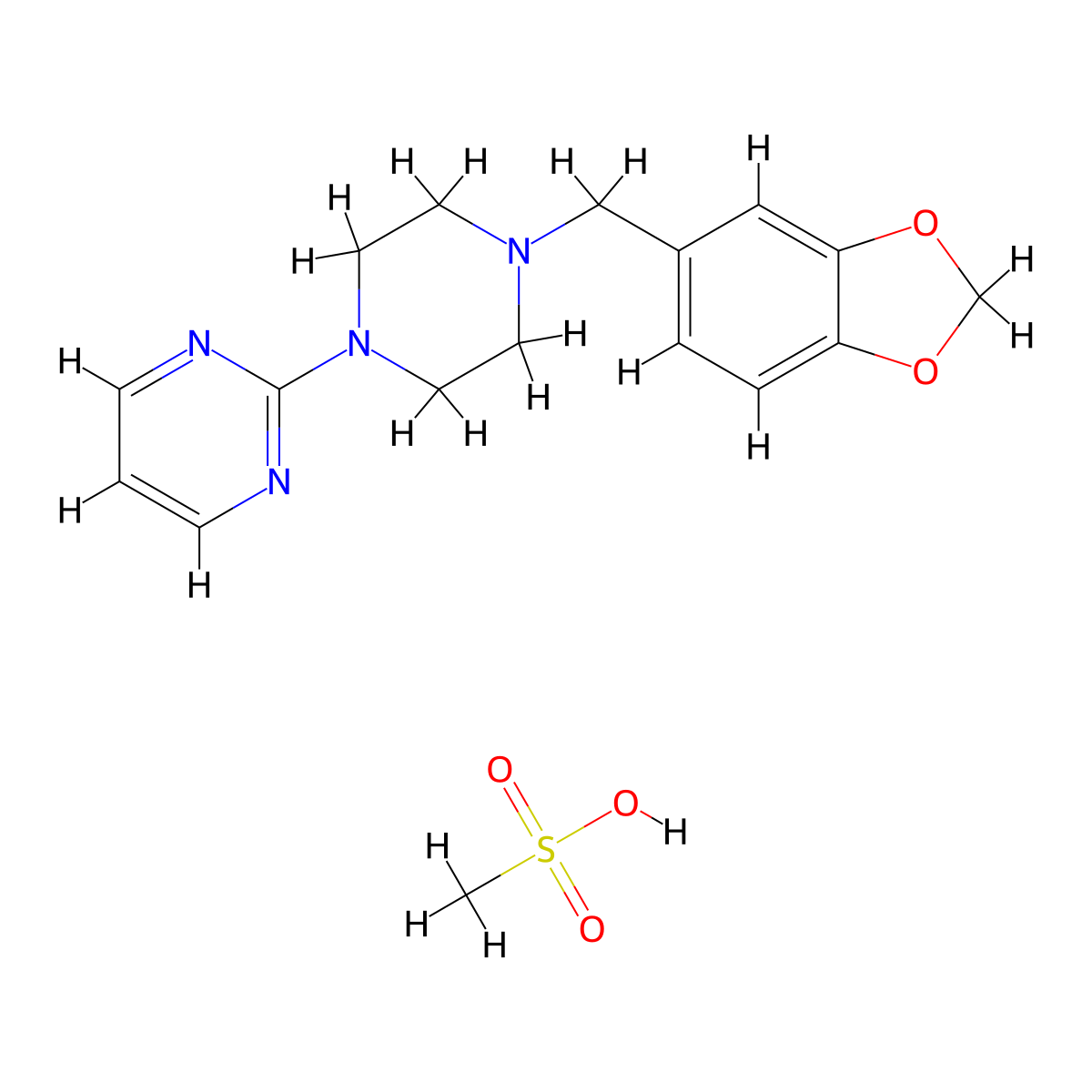 Pyrimidine, 2-(4-(1,3-benzodioxol-5-ylmethyl)-1-piperazinyl)-, methanesulfonate (1:1) molecular structure, CAS 52293-23-9